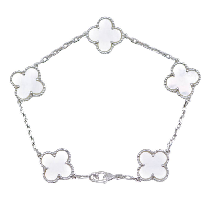 Preloved Authentic Full set Van Cleef Vintage Alhambra Bracelet 5 Motif Mother of Pearl 18K White Gold