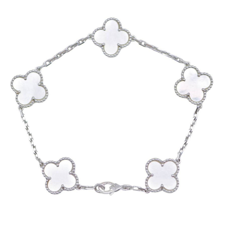 Preloved Authentic Full set Van Cleef Vintage Alhambra Bracelet 5 Motif Mother of Pearl 18K White Gold