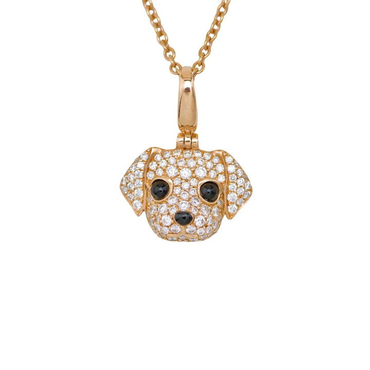 Qeelin Dog Diamond Onyx 18K Rose Gold Pendant Necklace
