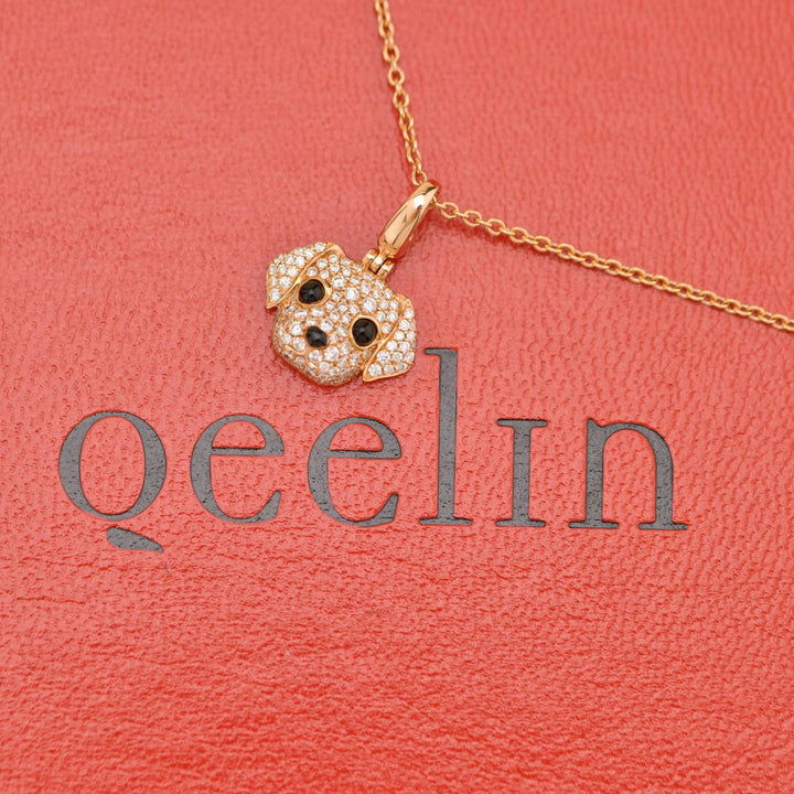 Qeelin Dog Diamond Onyx 18K Rose Gold Pendant Necklace