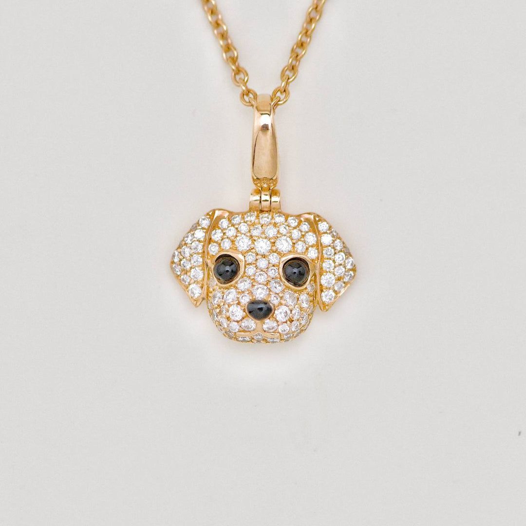 Qeelin Dog Diamond Onyx 18K Rose Gold Pendant Necklace