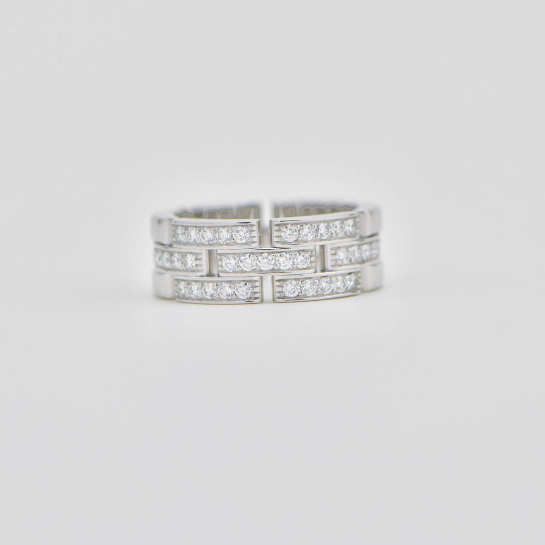 Authentic Used Full set Cartier Maillon Panthère Ring 3-row Pavé Diamond Size 57 18k White Gold