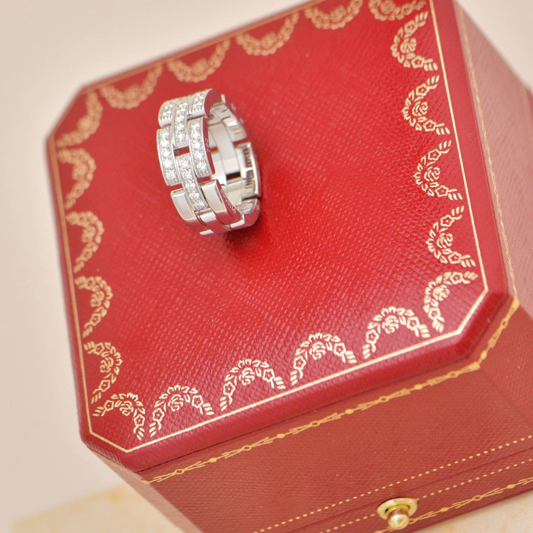 Authentic Second Hand Full set Cartier Maillon Panthère Ring 3-row Pavé Diamond Size 57 18k White Gold