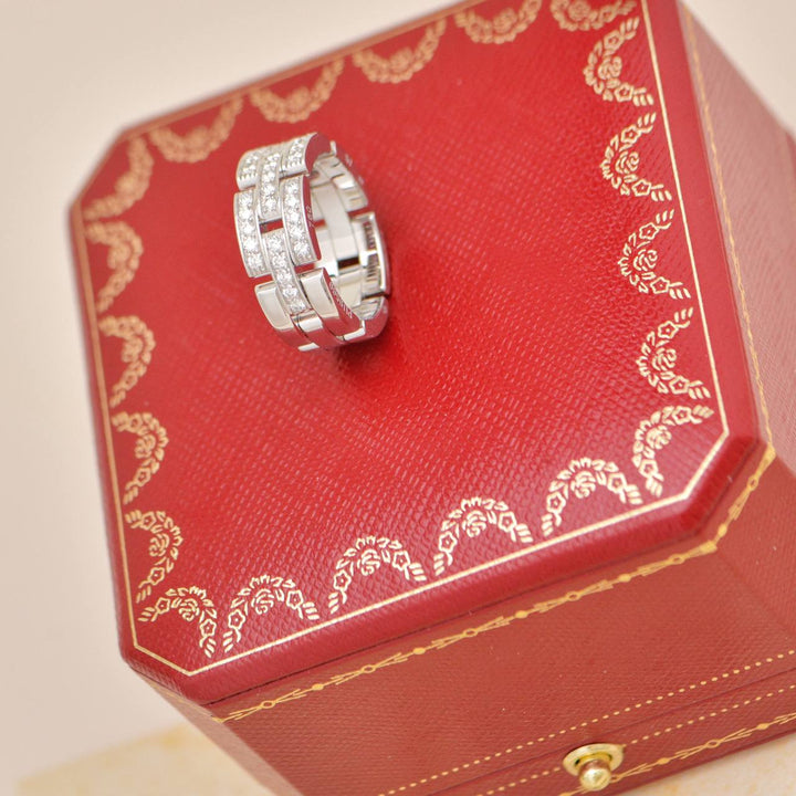 Authentic Second Hand Full set Cartier Maillon Panthère Ring 3-row Pavé Diamond Size 57 18k White Gold