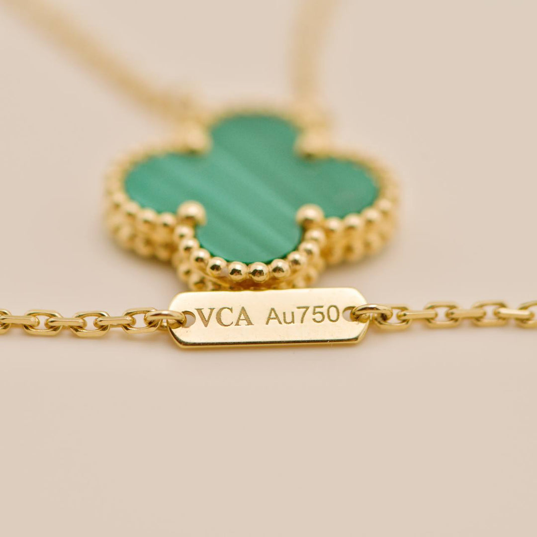 Preowned Full set Authentic Van Cleef & Arpels Vintage Alhambra Necklace Malachite 18K Yellow Gold