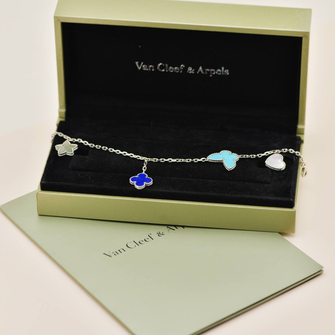 Authentic Preloved Full set Van Cleef & Arpels Lucky Alhambra Bracelet Turquoise Lapis Lazuli & Mother of Pearl 18K White Gold