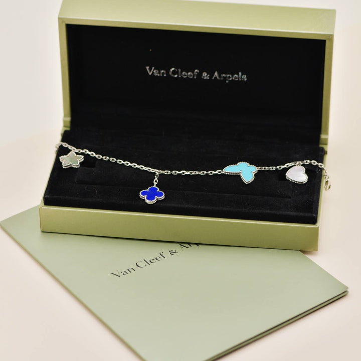 Authentic Preloved Full set Van Cleef & Arpels Lucky Alhambra Bracelet Turquoise Lapis Lazuli & Mother of Pearl 18K White Gold