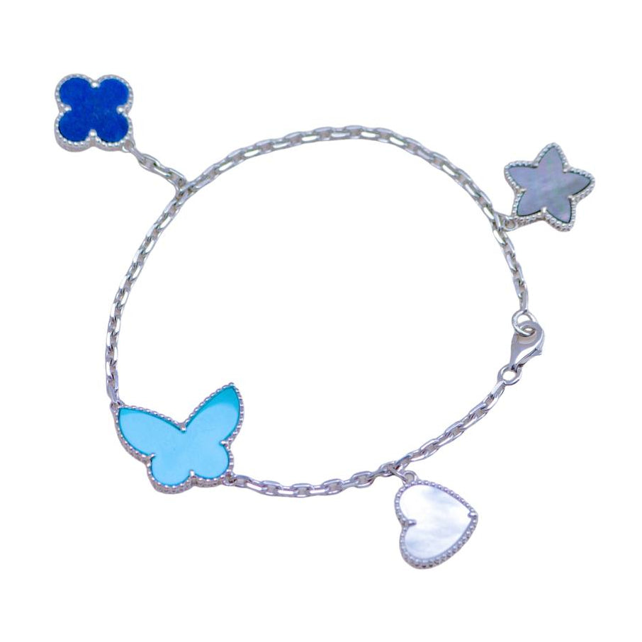 Authentic Preowned Full set Van Cleef & Arpels Lucky Alhambra Bracelet Turquoise Lapis Lazuli & Mother of Pearl 18K White Gold