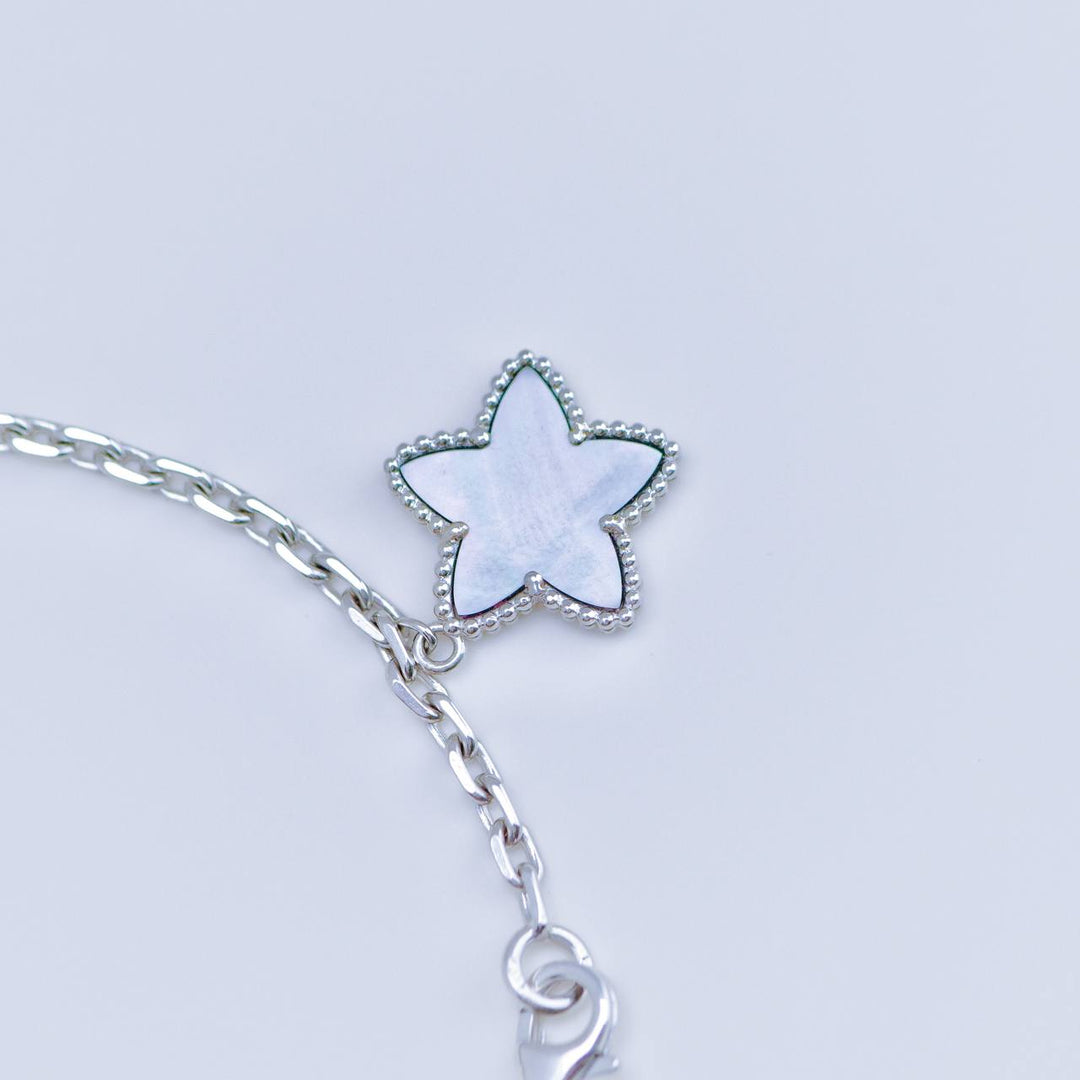 Preowned Authentic Full set Van Cleef Lucky Alhambra Bracelet Turquoise Lapis Lazuli & Mother of Pearl 18K White Gold