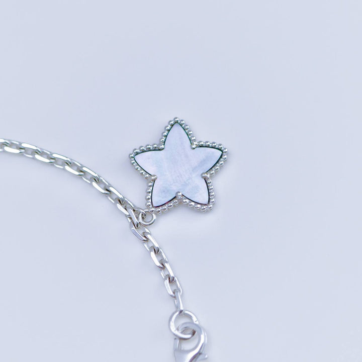 Preowned Authentic Full set Van Cleef Lucky Alhambra Bracelet Turquoise Lapis Lazuli & Mother of Pearl 18K White Gold