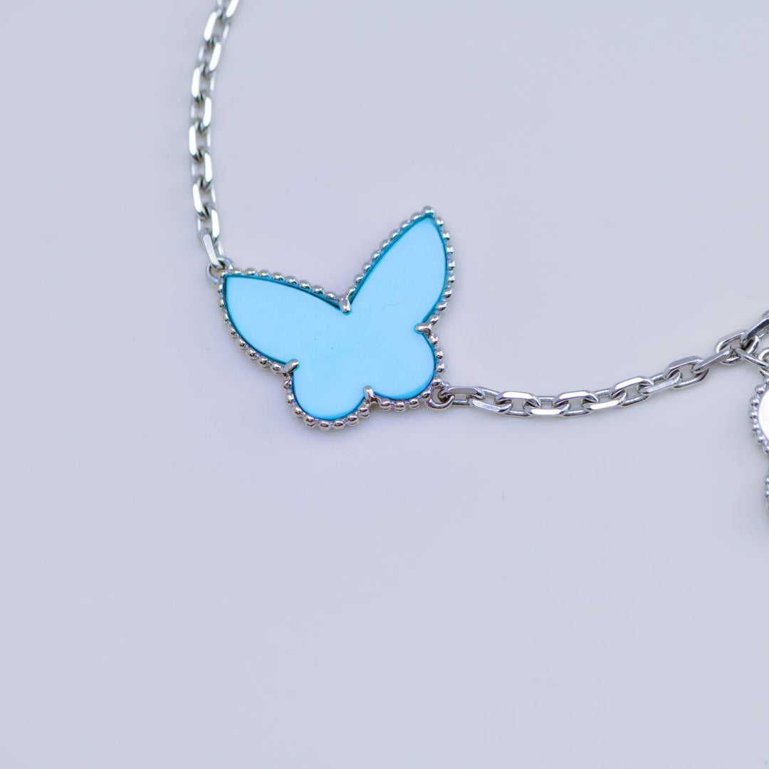 Second Hand Authentic Full set Van Cleef Lucky Alhambra Bracelet Turquoise Lapis Lazuli & Mother of Pearl 18K White Gold