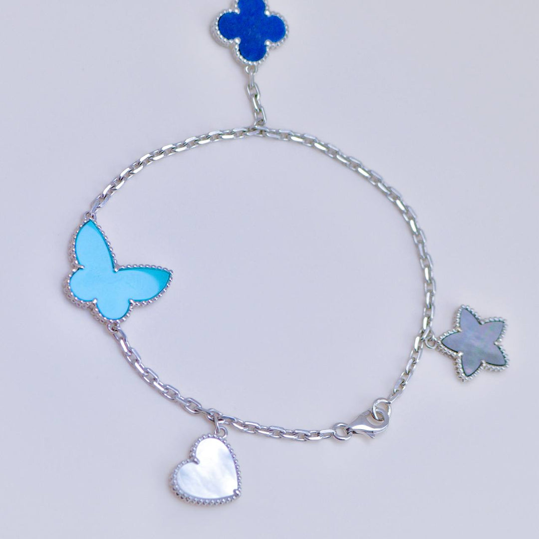 Authentic Used Full set Van Cleef & Arpels Lucky Alhambra Bracelet Turquoise Lapis Lazuli & Mother of Pearl 18K White Gold