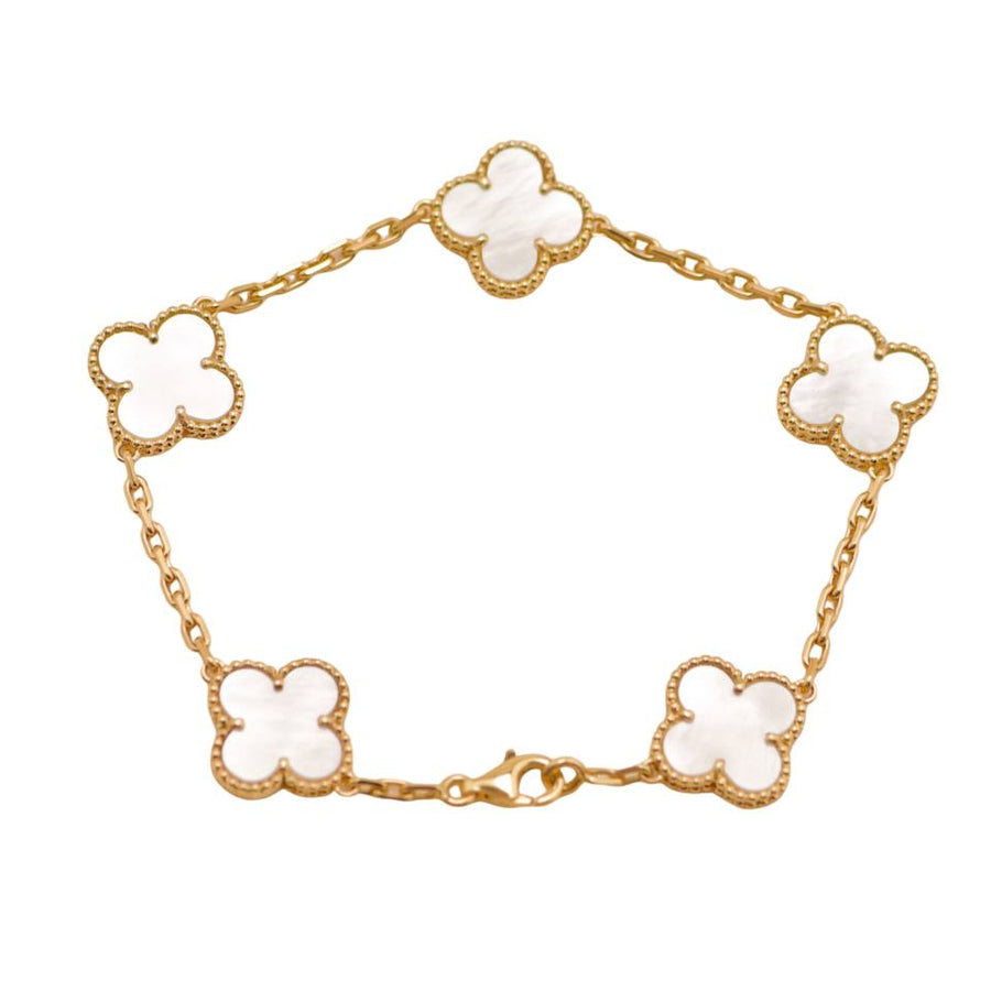 Preloved Authentic Full set Van Cleef Vintage Alhambra Bracelet 5 Motif Mother of Pearl 18K Yellow Gold