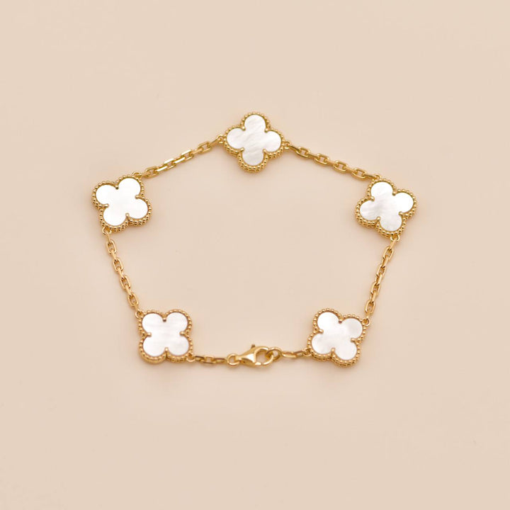 Second Hand Authentic Full set Van Cleef Vintage Alhambra Bracelet 5 Motif Mother of Pearl 18K Yellow Gold