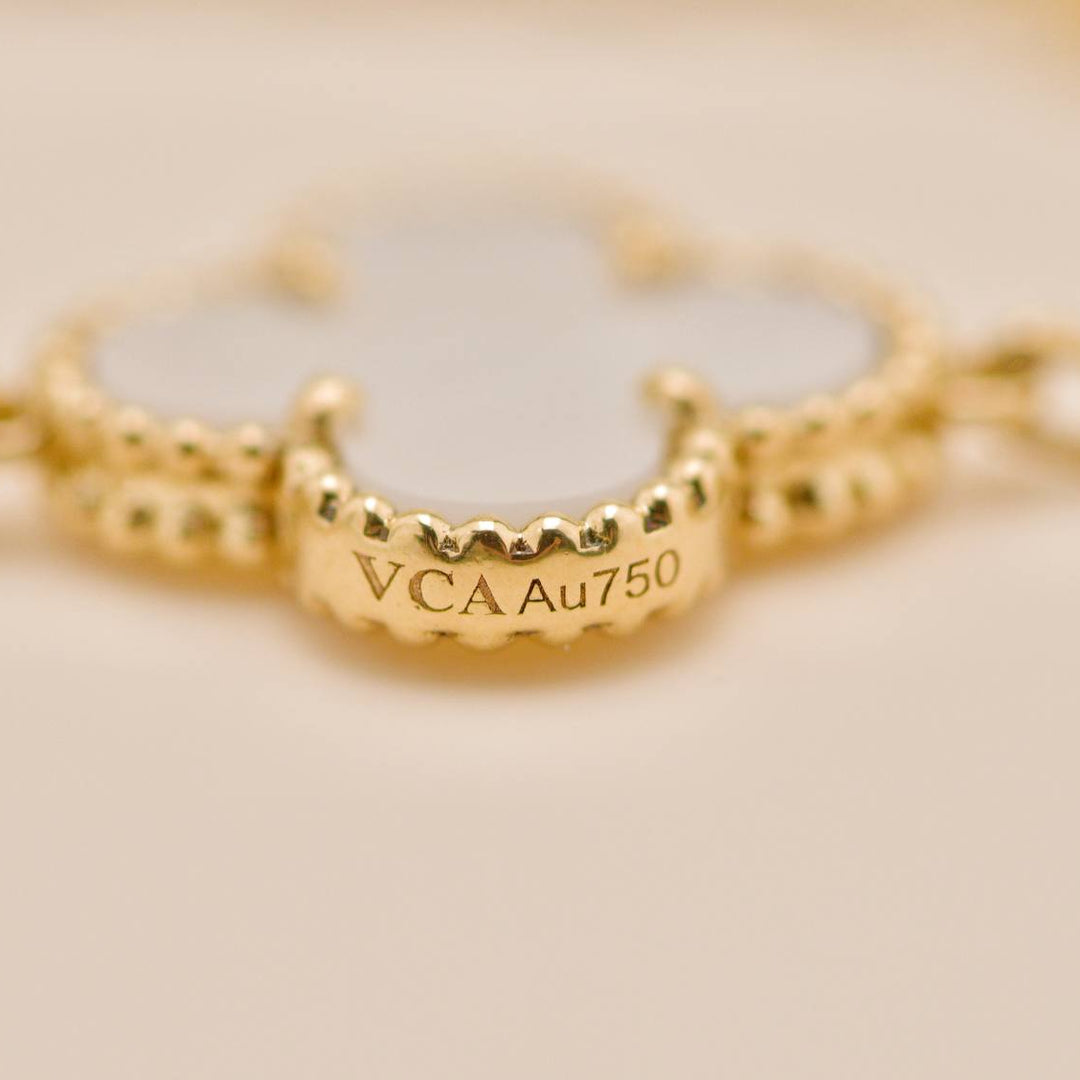 Preowned Authentic Full set VCA Vintage Alhambra Bracelet 5 Motif Mother of Pearl 18K Yellow Gold