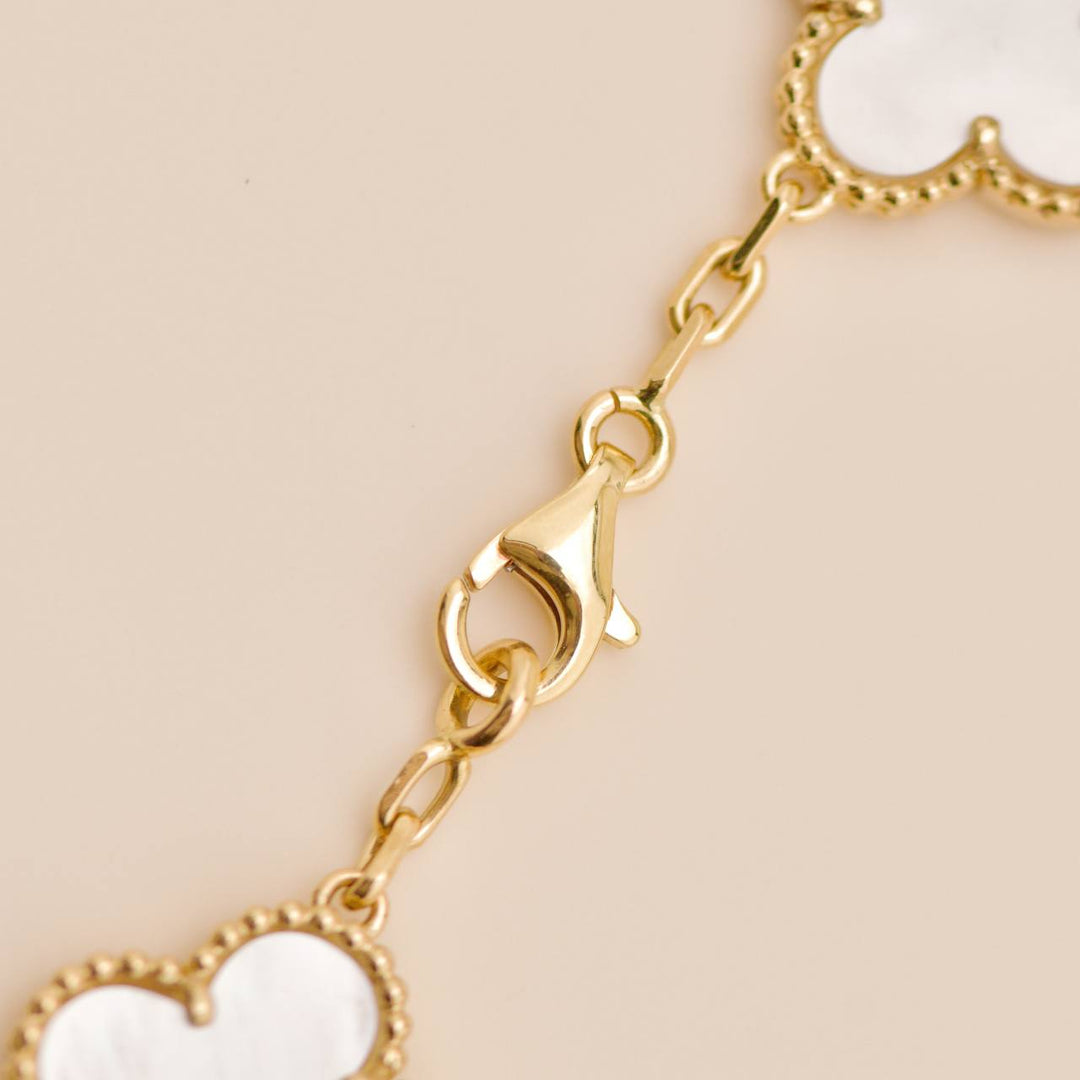 Second Hand Authentic Full set VCA Vintage Alhambra Bracelet 5 Motif Mother of Pearl 18K Yellow Gold