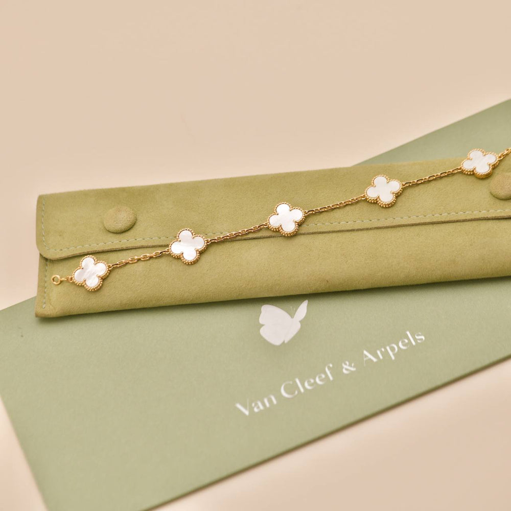 Preowned Authentic Full set Van Cleef Vintage Alhambra Bracelet 5 Motif Mother of Pearl 18K Yellow Gold