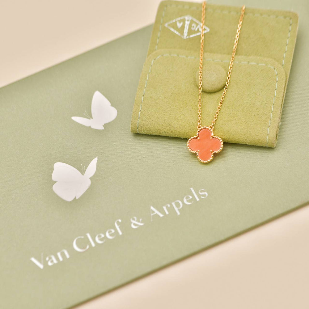 Authentic Preloved VCA Vintage Alhambra Pendant Necklace Coral 18K Yellow Gold