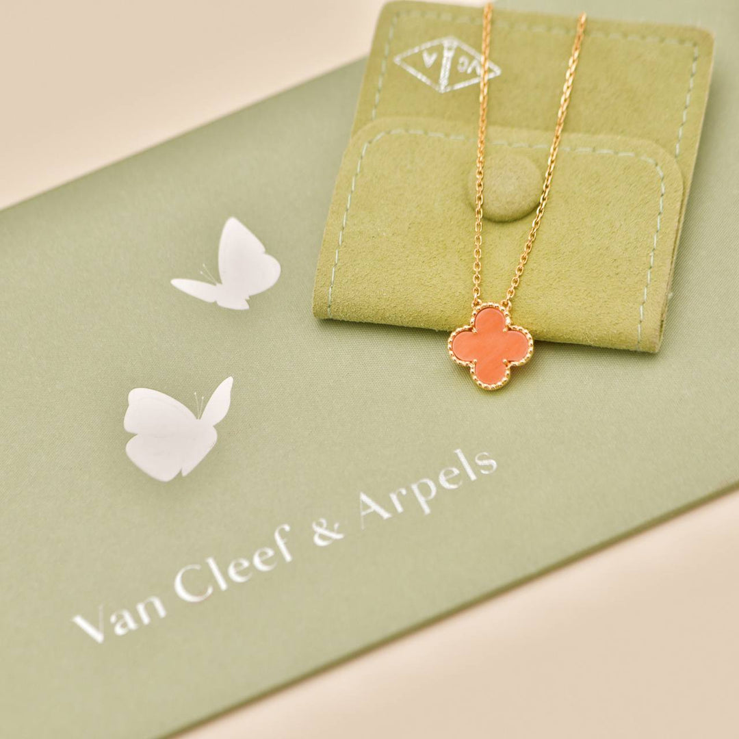 Authentic Preloved VCA Vintage Alhambra Pendant Necklace Coral 18K Yellow Gold