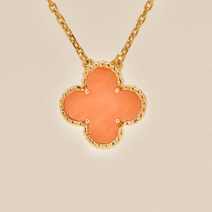 Authentic Preowned VCA Vintage Alhambra Pendant Necklace Coral 18K Yellow Gold