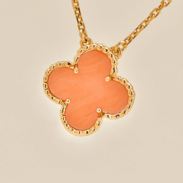 Authentic Second Hand Full set Van Cleef Vintage Alhambra Pendant Necklace Coral 18K Yellow Gold