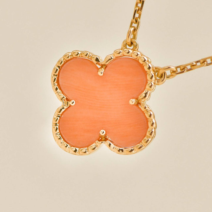 Authentic Second Hand Full set Van Cleef & Arpels Vintage Alhambra Pendant Necklace Coral 18K Yellow Gold