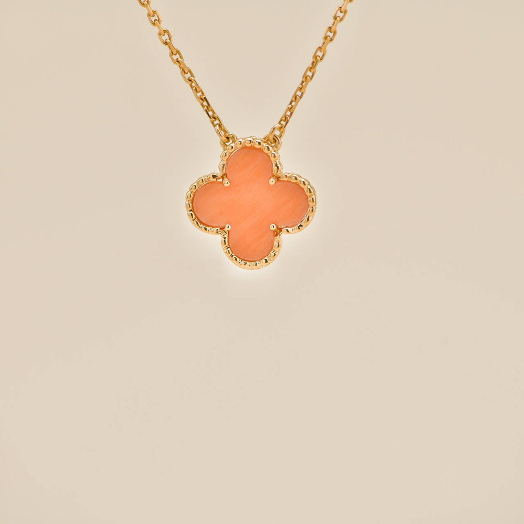 Authentic Preowned Full set Van Cleef Vintage Alhambra Pendant Necklace Coral 18K Yellow Gold