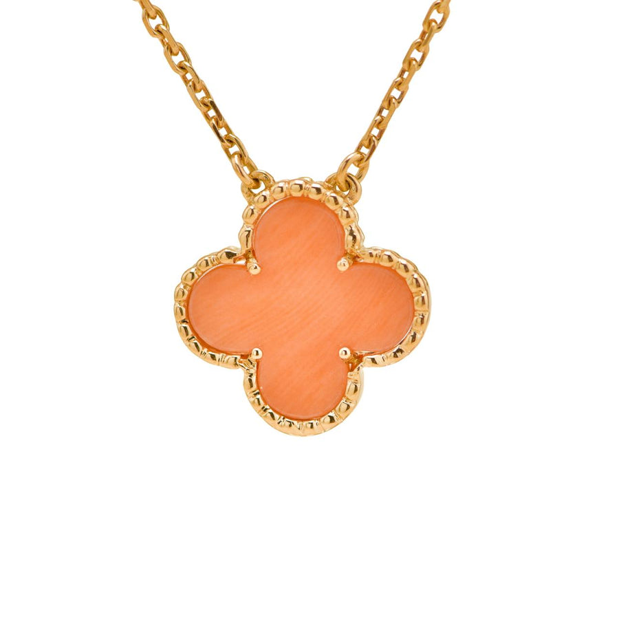 Authentic Preloved Full set Van Cleef Vintage Alhambra Pendant Necklace Coral 18K Yellow Gold