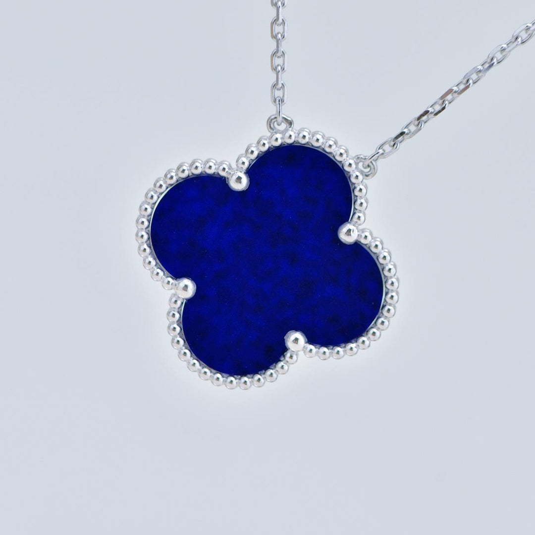 Second Hand Authentic Full set Van Cleef Magic Alhambra Necklace Blue Sèvres Porcelain 18K White Gold