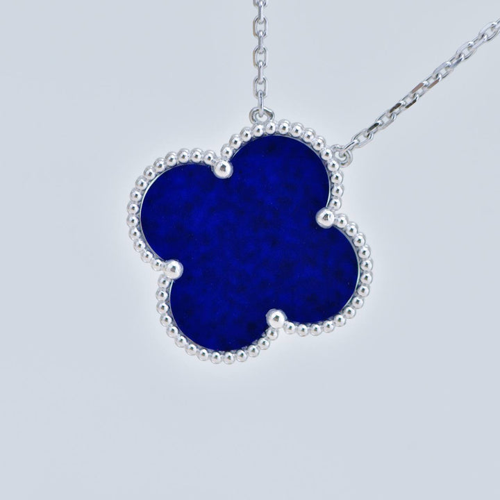 Second Hand Authentic Full set Van Cleef Magic Alhambra Necklace Blue Sèvres Porcelain 18K White Gold