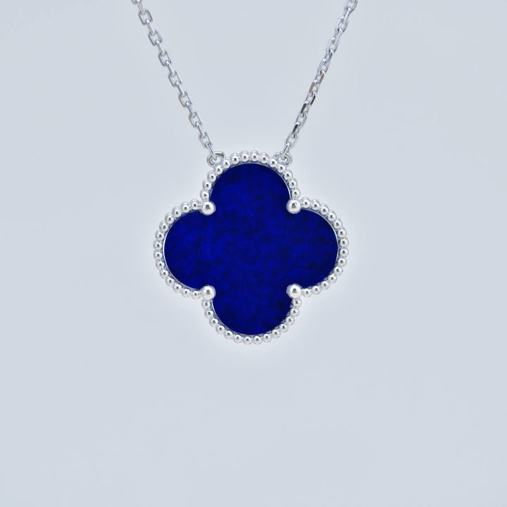 Preowned Authentic Full set Van Cleef Magic Alhambra Necklace Blue Sèvres Porcelain 18K White Gold