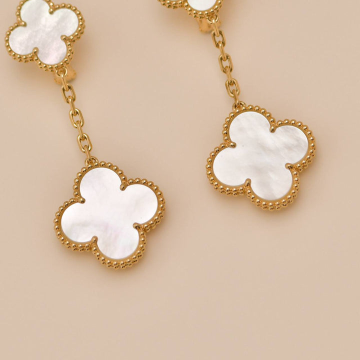 Preowned Authentic Full set VCA Magic Alhambra 2-Motif Earrings in 18K yellow gold with Mother of Pearl