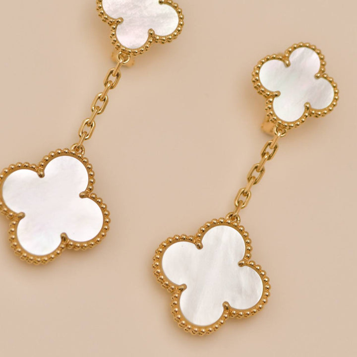 Preloved Authentic Full set VCA Magic Alhambra 2-Motif Earrings in 18K yellow gold with Mother of Pearl