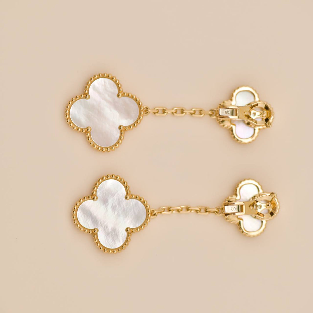 Second Hand Authentic Full set VCA Magic Alhambra 2-Motif Earrings in 18K yellow gold with Mother of Pearl