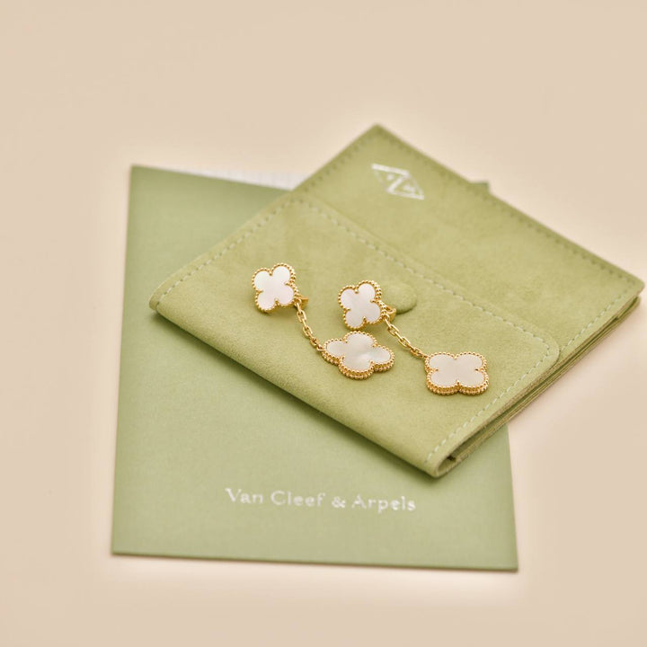 Preowned Authentic Full set Van Cleef Magic Alhambra 2-Motif Earrings in 18K yellow gold with Mother of Pearl