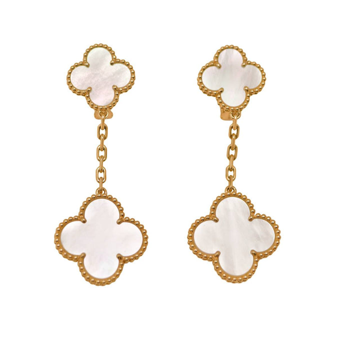 Preloved Authentic Full set Van Cleef Magic Alhambra 2-Motif Earrings in 18K yellow gold with Mother of Pearl