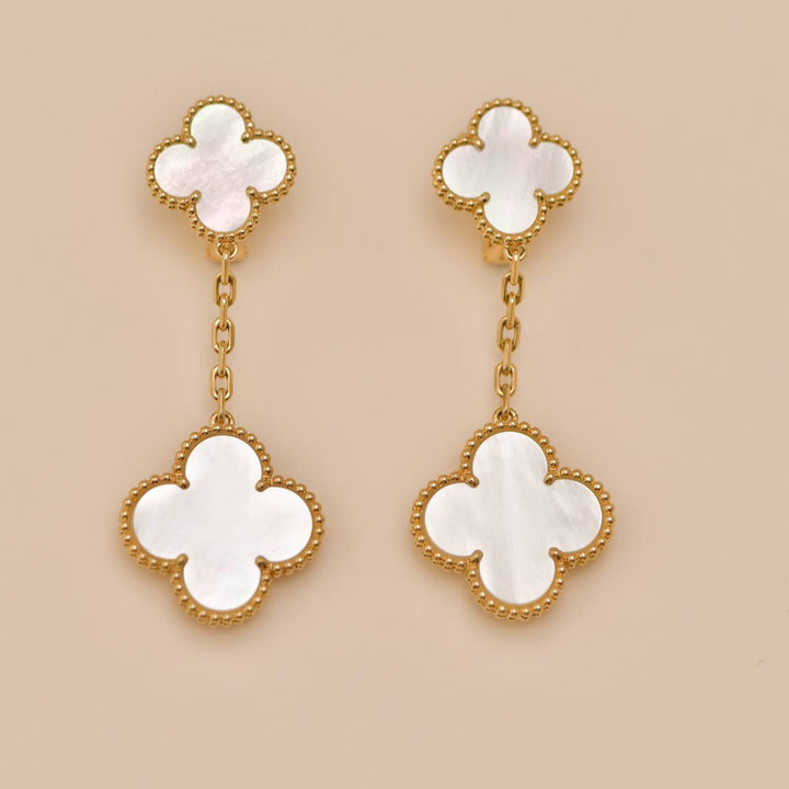 Used Authentic Full set Van Cleef Magic Alhambra 2-Motif Earrings in 18K yellow gold with Mother of Pearl
