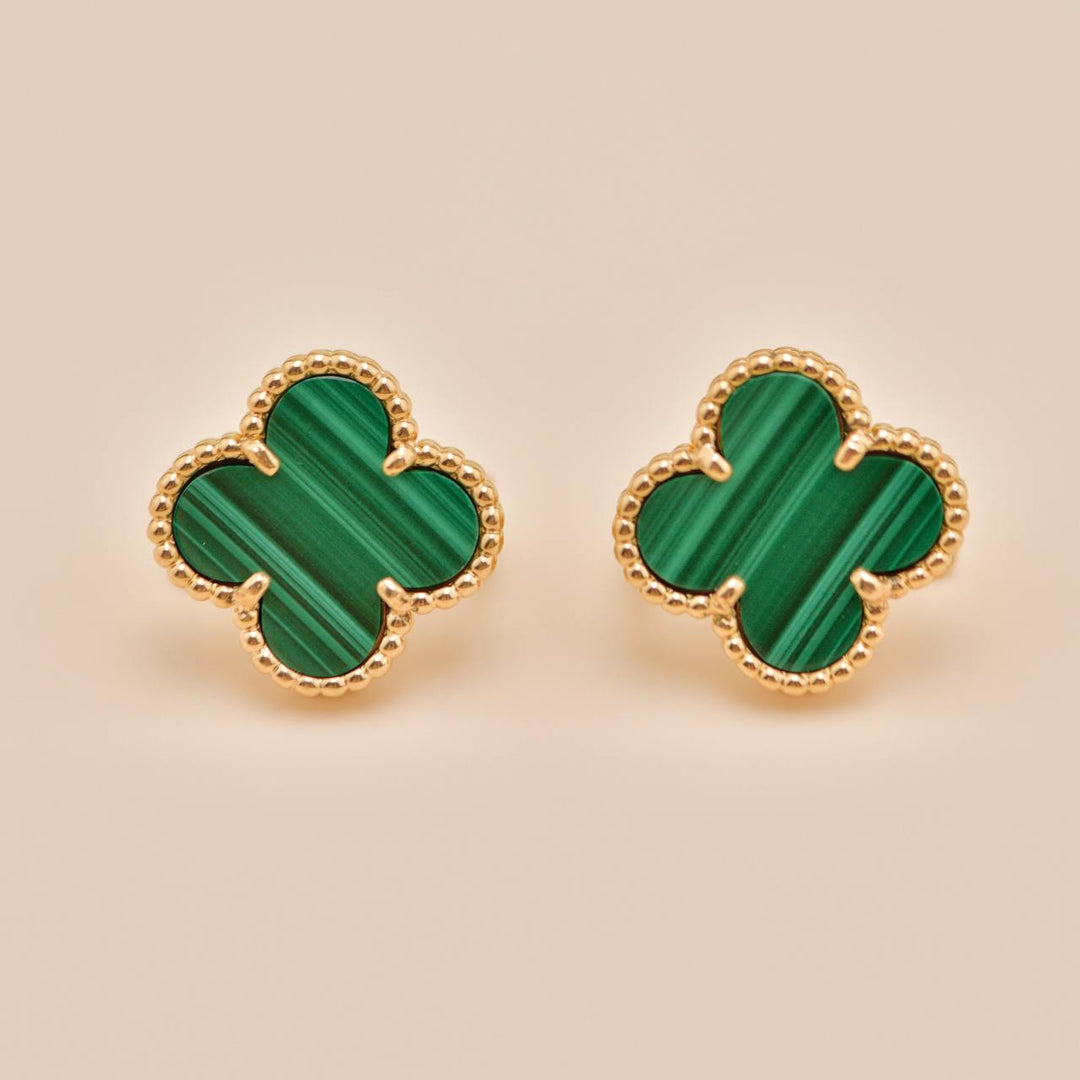 Second Hand Authentic Full set VCA Vintage Alhambra Stud Earrings Malachite 18K Yellow Gold