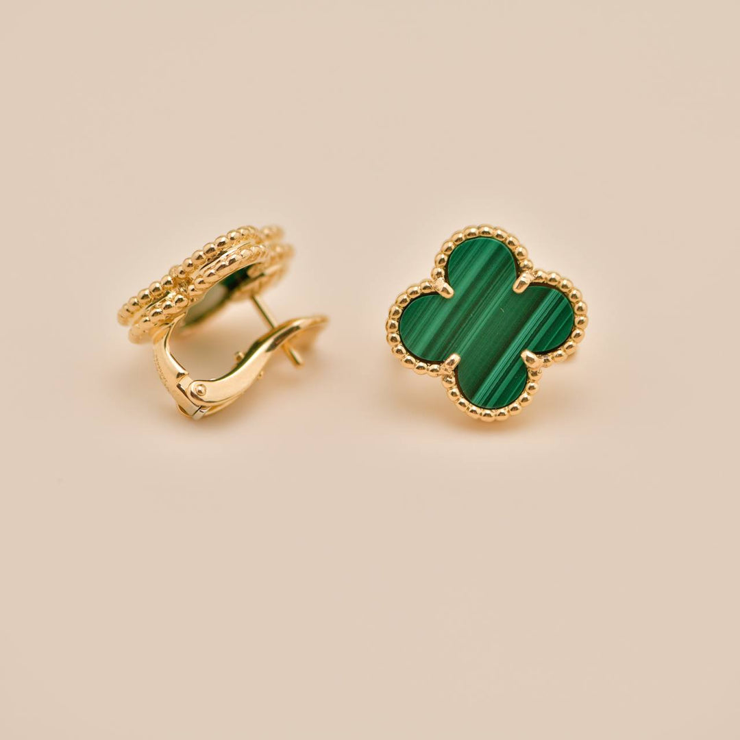 Preloved Authentic Full set Van Cleef & Arpels Vintage Alhambra Stud Earrings Malachite 18K Yellow Gold