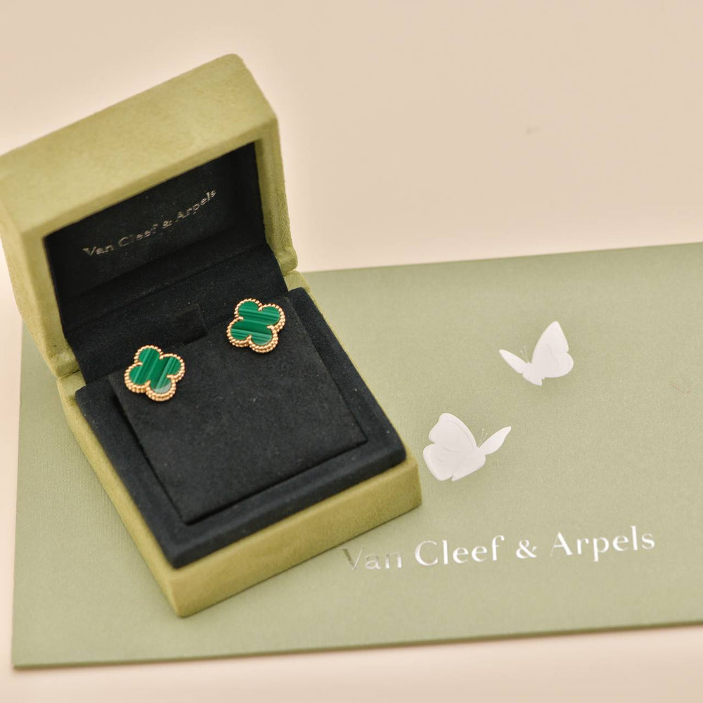 Second Hand Authentic Full set Van Cleef & Arpels Vintage Alhambra Stud Earrings Malachite 18K Yellow Gold