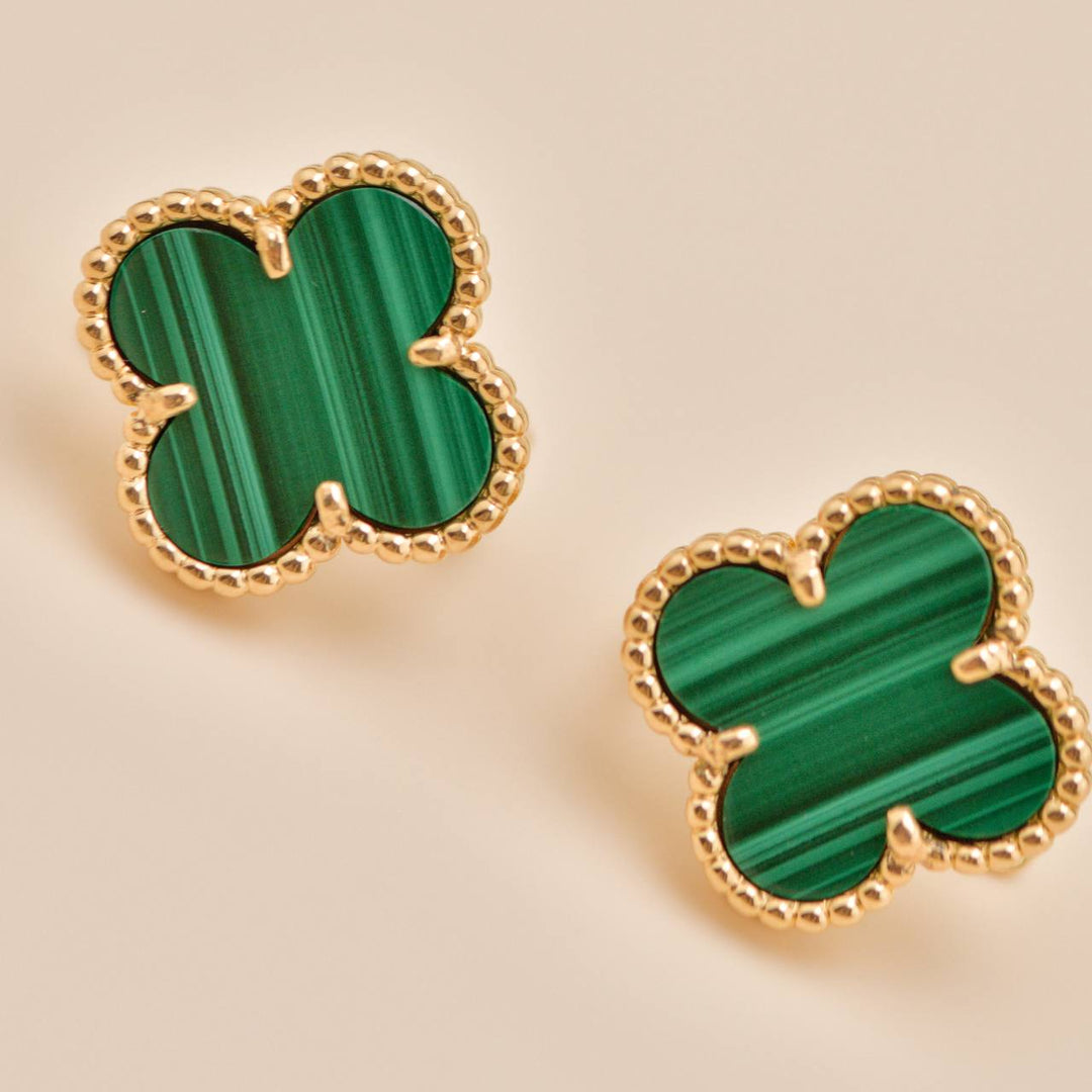 Preloved Authentic Full set Van Cleef Vintage Alhambra Stud Earrings Malachite 18K Yellow Gold