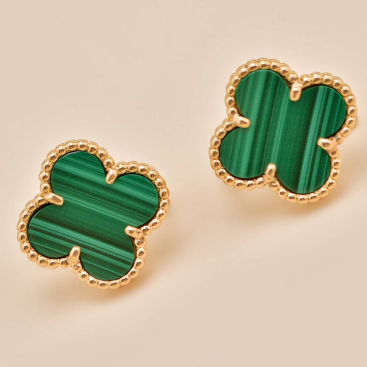 Preloved Authentic Full set VCA Vintage Alhambra Stud Earrings Malachite 18K Yellow Gold