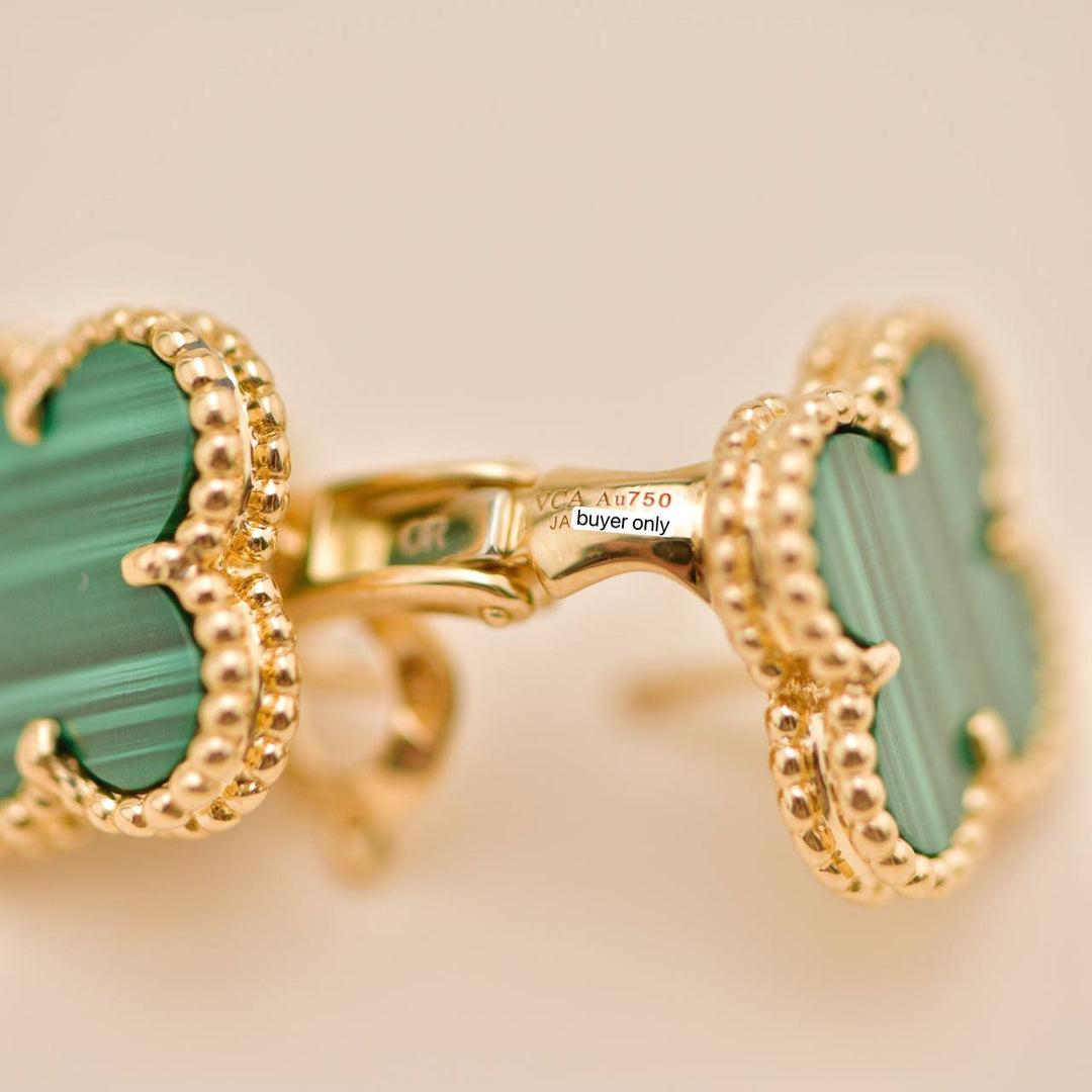 Preloved Authentic Full set VCA Vintage Alhambra Stud Earrings Malachite 18K Yellow Gold