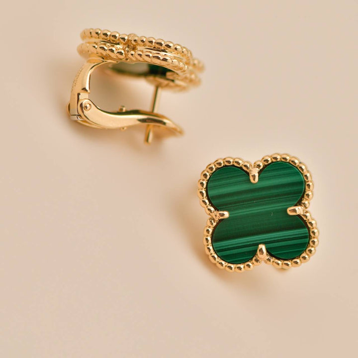 Preowned Authentic Full set Van Cleef Vintage Alhambra Stud Earrings Malachite 18K Yellow Gold
