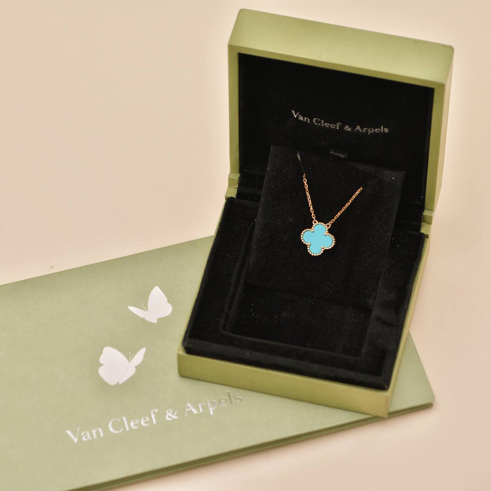 Preowned Van Cleef & Arpels Vintage Alhambra Pendant Necklace Turquoise 18K Yellow Gold