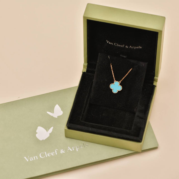 Preowned Van Cleef & Arpels Vintage Alhambra Pendant Necklace Turquoise 18K Yellow Gold