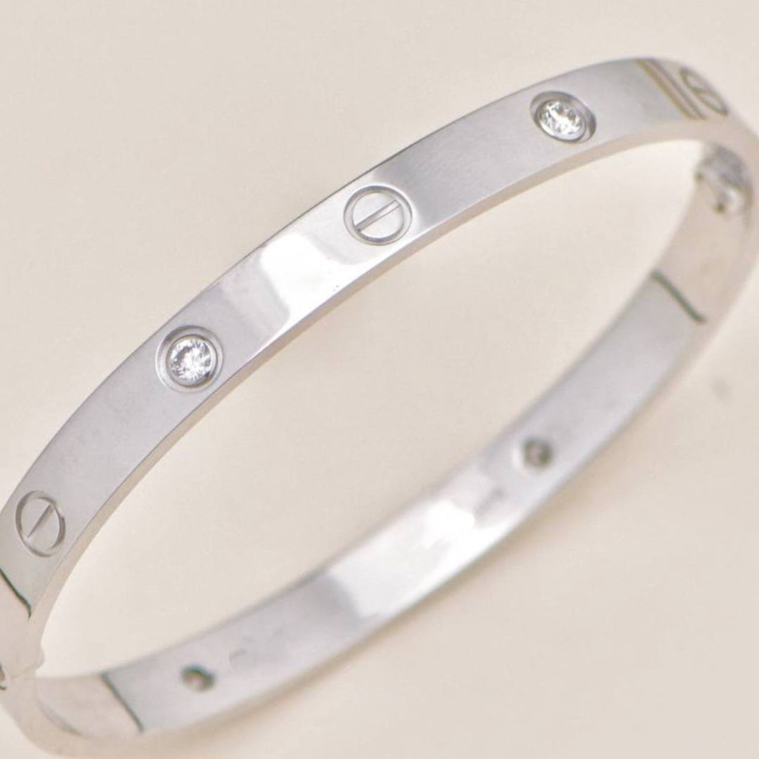 Authentic Used Full set Cartier Love 4 Diamond Classic Model Bracelet Size 17 in 18K White Gold