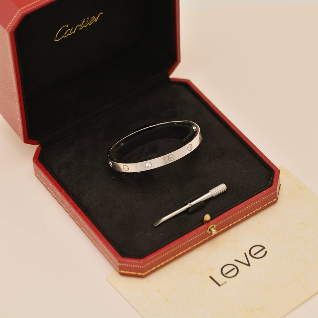 Authentic Preowned Full set Cartier Love 4 Diamond Classic Model Bracelet Size 17 in 18K White Gold