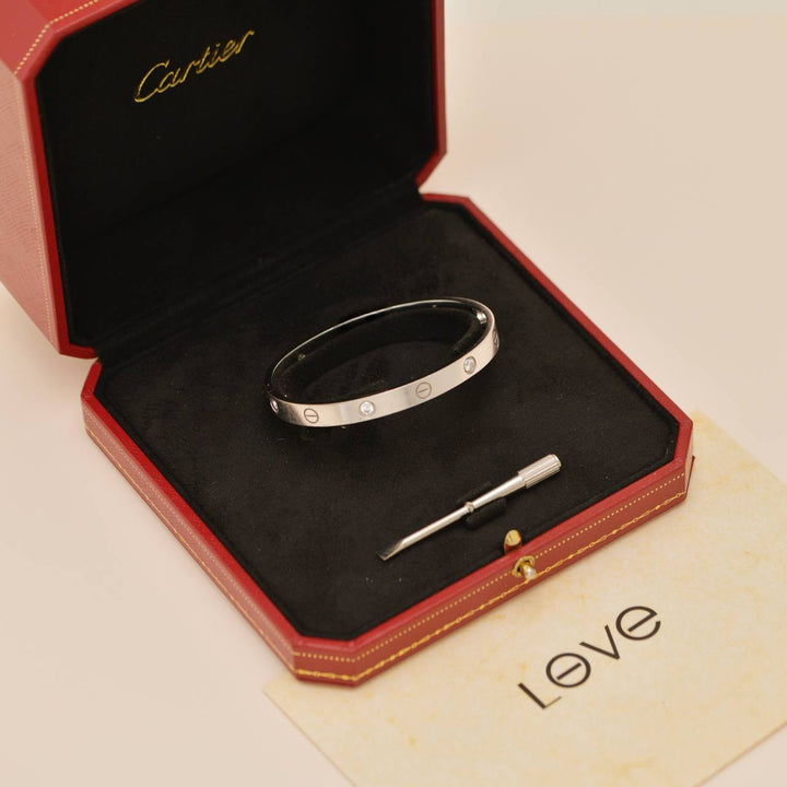 Authentic Preowned Full set Cartier Love 4 Diamond Classic Model Bracelet Size 17 in 18K White Gold
