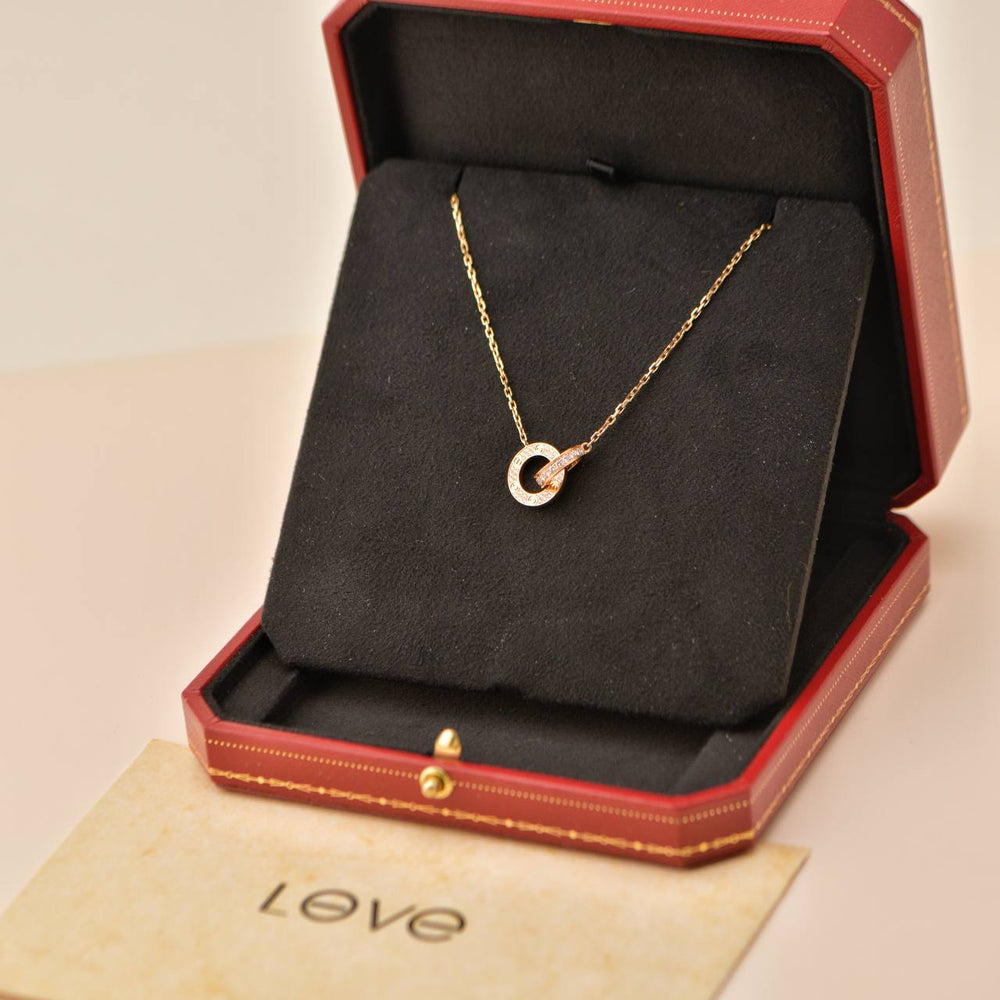 Preowned Authentic Full set Cartier Love Necklace Pavé Diamond 18K Rose Gold